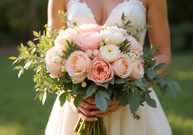 Seasonal wedding floral arrangement with roses and greenery