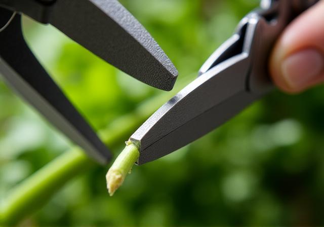 Close up of florist hands cutting a flower stem at a 45 degree angle