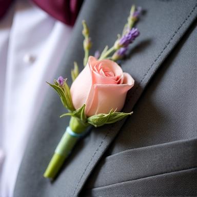 Detailed shot of a matching groom's boutonniere